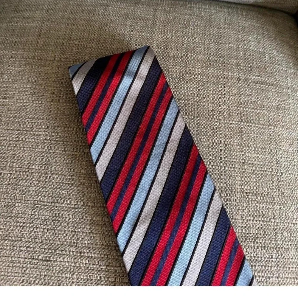 Emilio Romano 100% Silk Tie Handmade Italy Red Blue Striped Designer Neck Tie